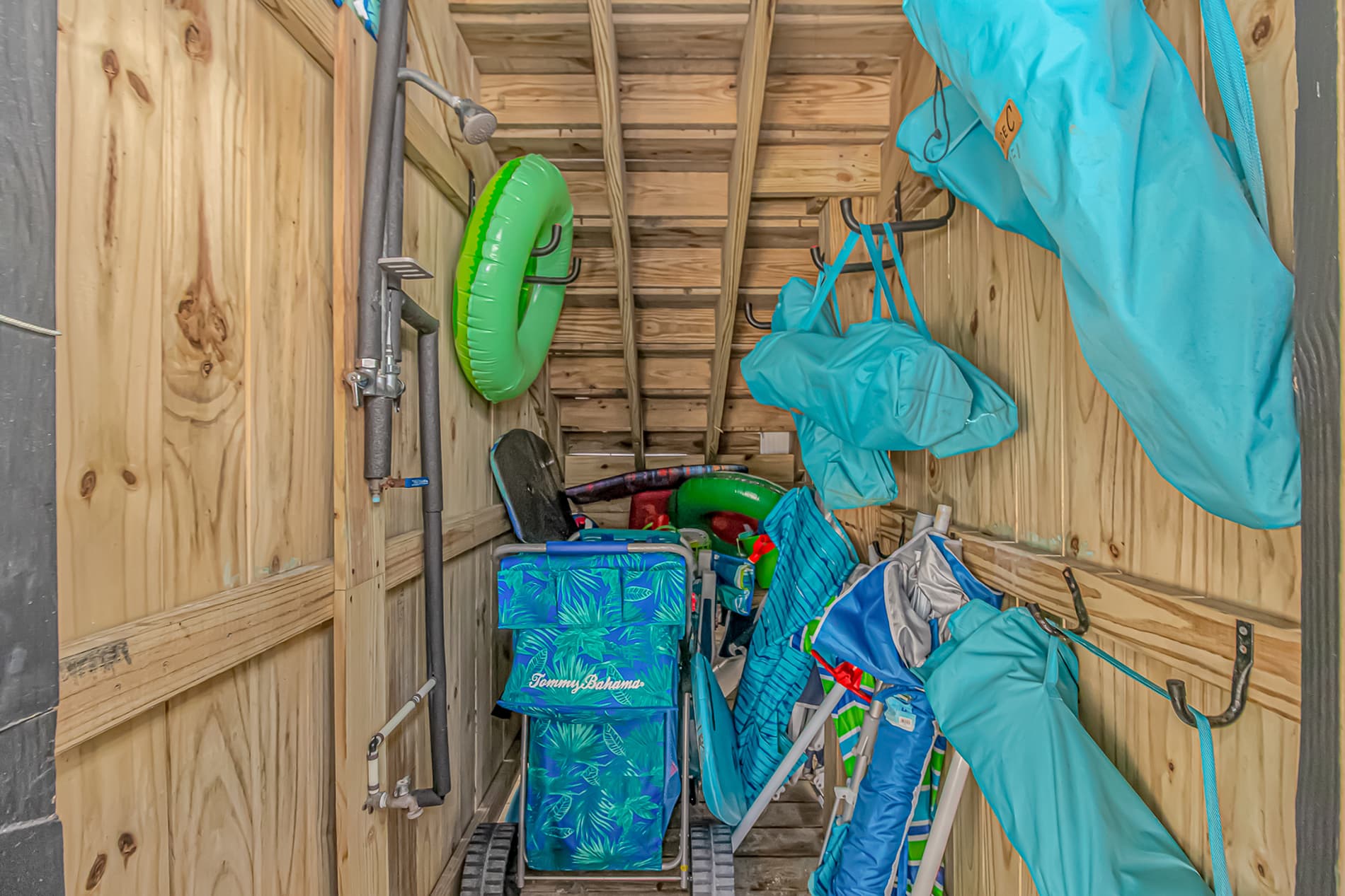 Outdoor Shower, Beach Toys, Boogie Boards, Umbrellas, and Beach Chairs
